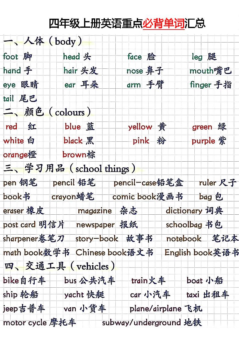 四上人教PEP版英语【重点必背单词汇总】_练习题|试卷|知识点|复习提纲